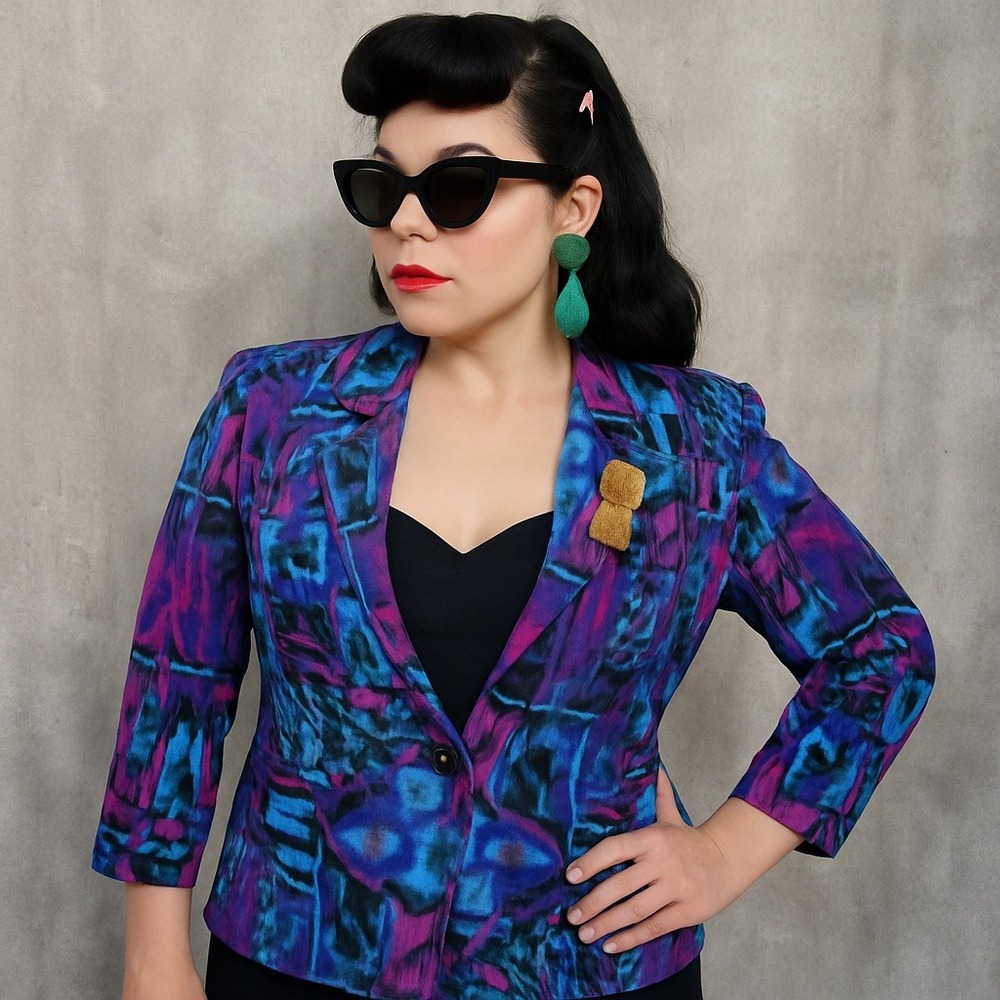 Vintage 80s Pierre Lamonte‎ Blazer Jacket Women's 12 Abstract Neon Print USA